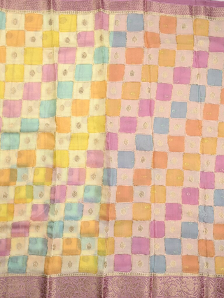 Georgette fancy saree multi color allover checks, motifs & zari border with short pallu and contrast blouse