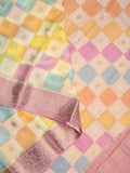 Georgette fancy saree multi color allover checks, motifs & zari border with short pallu and contrast blouse