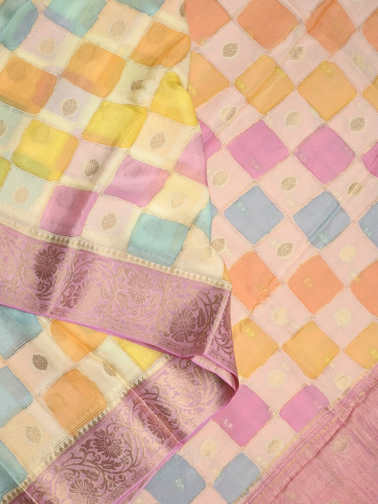 Georgette fancy saree multi color allover checks, motifs & zari border with short pallu and contrast blouse
