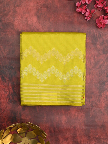 Dupion fancy saree lemon yellow allover weaves & zari border with zari pallu and contrast blouse