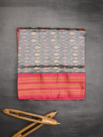 Ikkat pattu saree grey color allover weaves & zari border with contrast pallu and contrast blouse