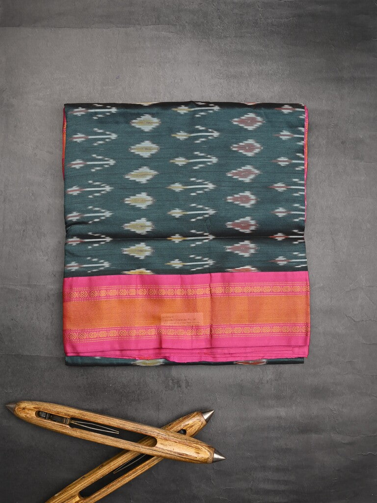 Ikkat pattu saree dark grey color allover weaves & zari border with contrast pallu and contrast blouse