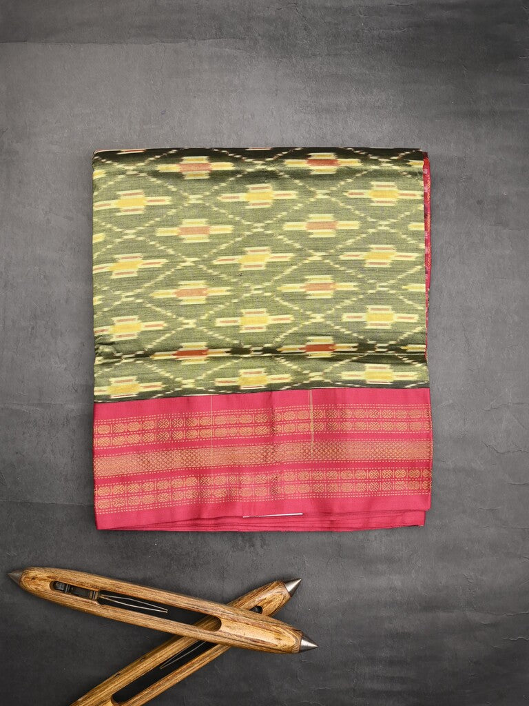 Ikkat pattu saree leaf green color allover weaves & zari border with contrast pallu and contrast blouse