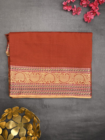 Chanderi fancy saree orange color allover plain & zari border with zari pallu and tissue blouse