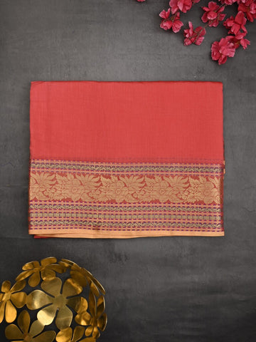 Chanderi fancy saree coral pink color allover plain & zari border with zari pallu and tissue blouse