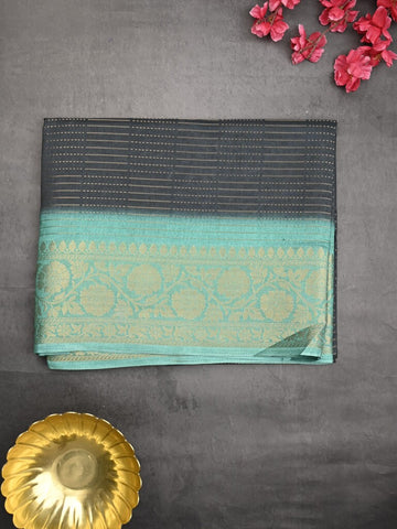 Dola silk fancy saree navy blue color allover stripes & zari border with printed pallu and printed blouse