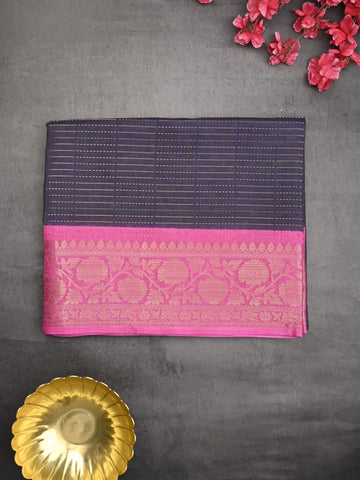 Dola silk fancy saree navy blue color allover stripes & zari border with printed pallu and printed blouse