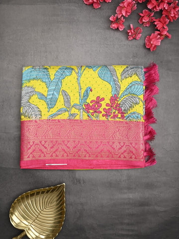 Dola silk fancy saree lemon yellow color allover prints & zari border with printed pallu and plain blouse