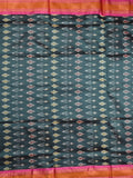 Ikkat pattu saree dark grey color allover weaves & zari border with contrast pallu and contrast blouse