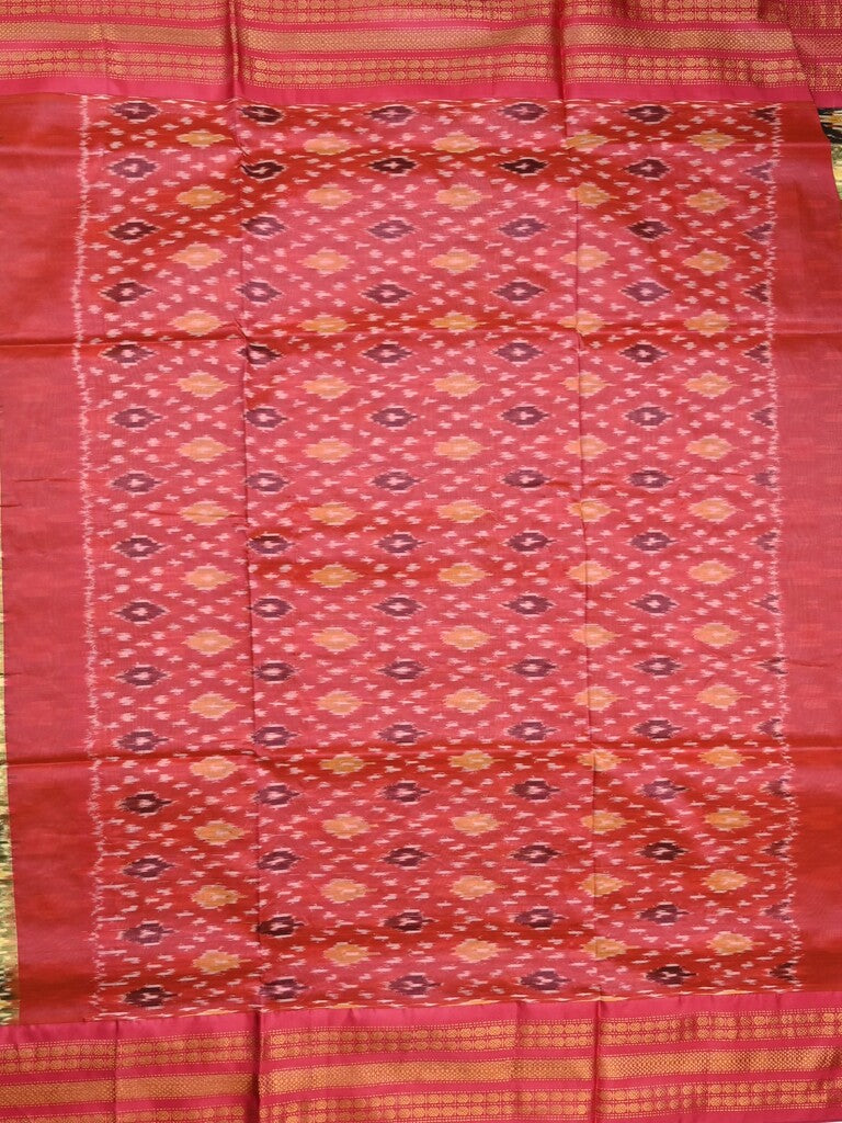 Ikkat pattu saree leaf green color allover weaves & zari border with contrast pallu and contrast blouse