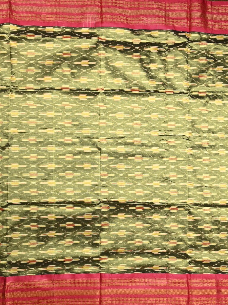 Ikkat pattu saree leaf green color allover weaves & zari border with contrast pallu and contrast blouse