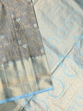 Kanchi tissue pattu saree grey color allover zari weaves & kanchi border with rich pallu and contrast tissue blouse