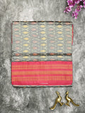 Ikkat pattu saree grey color allover weaves & zari border with contrast pallu and contrast blouse