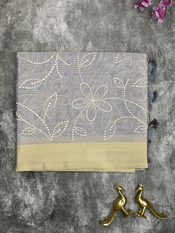 Organza tissue fancy saree bluish grey color allover embroidery & kaddi border with short pallu and plain self blouse