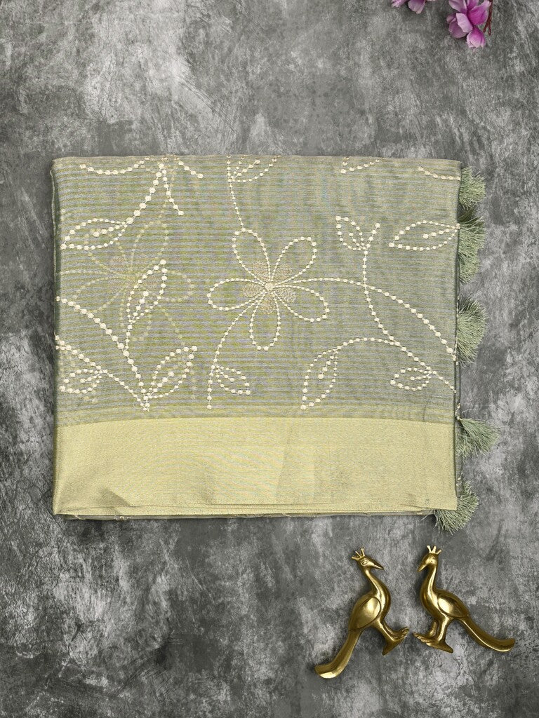 Organza tissue fancy saree grey color allover embroidery & kaddi border with short pallu and plain self blouse