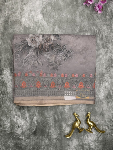Organza fancy saree grey color allover prints & embroidery border with running pallu and printed blouse