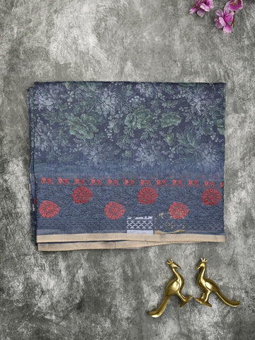 Organza fancy saree navy blue color allover prints & embroidery border with running pallu and printed blouse
