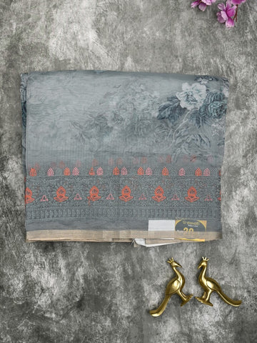 Organza fancy saree light grey color allover prints & embroidery border with running pallu and printed blouse