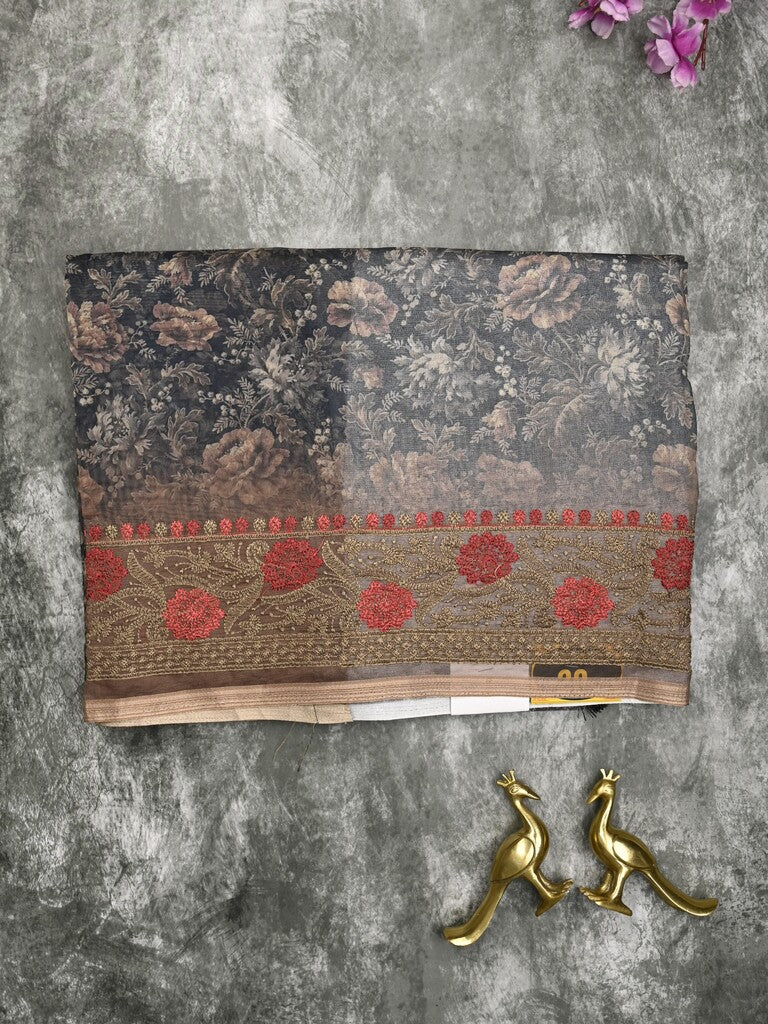 Organza fancy saree black and grey color allover prints & embroidery border with running pallu and printed blouse