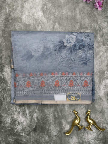 Organza fancy saree bluish grey color allover prints & embroidery border with running pallu and printed blouse
