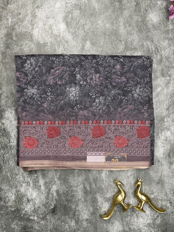 Organza fancy saree black color allover prints & embroidery border with running pallu and printed blouse