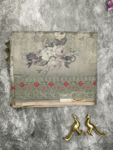 Organza fancy saree light grey color allover prints & embroidery border with running pallu and printed blouse