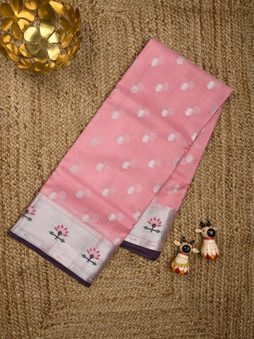 Silk kota fancy saree rose pink color allover zari weaves & zari border with zari pallu and contrast blouse
