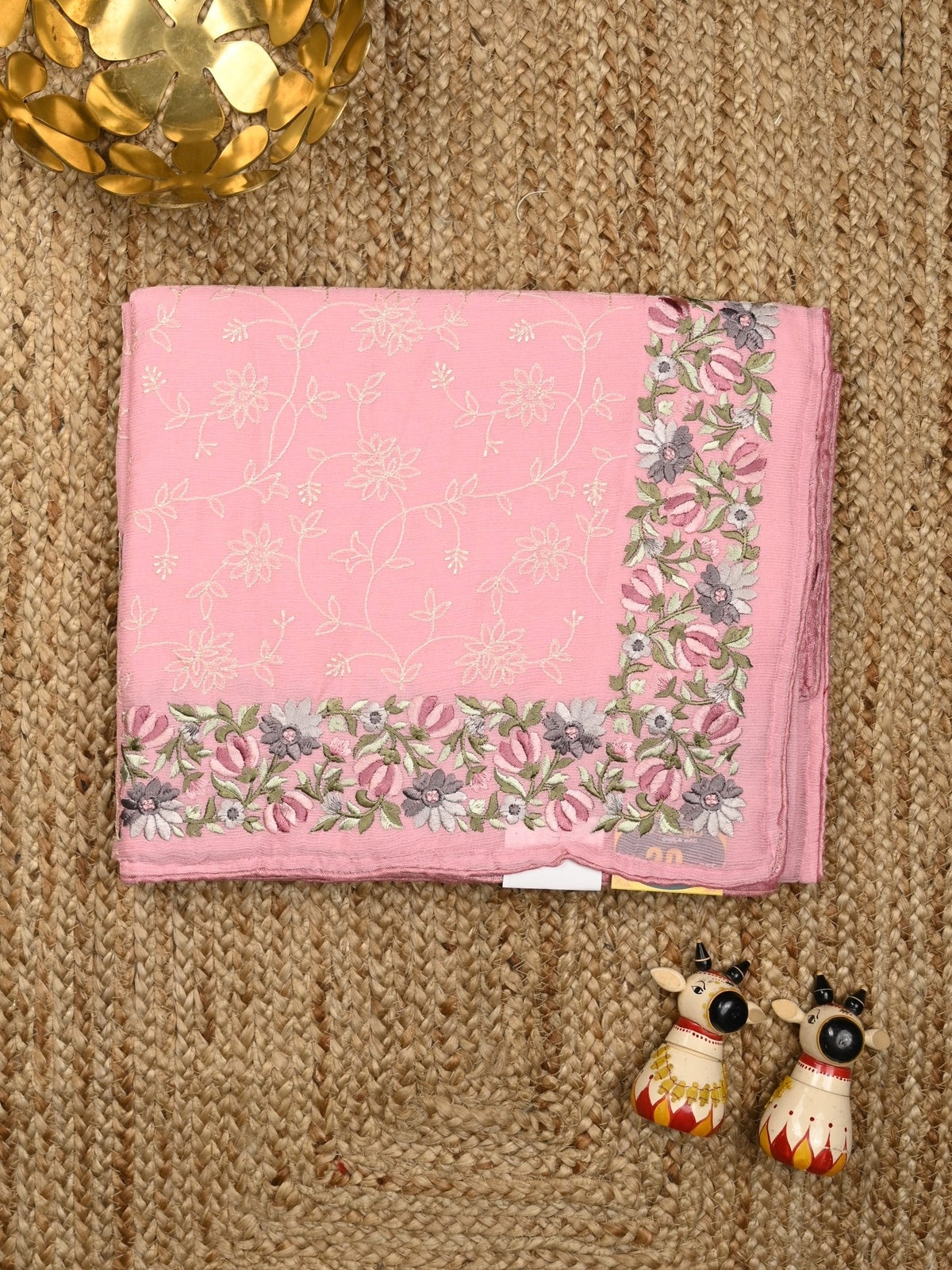 Chiffon fancy saree baby pink color allover embroidery & embroidery border with running pallu and plain blouse