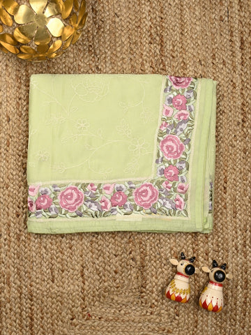 Chiffon fancy saree light green color allover embroidery & embroidery border with running pallu and plain blouse