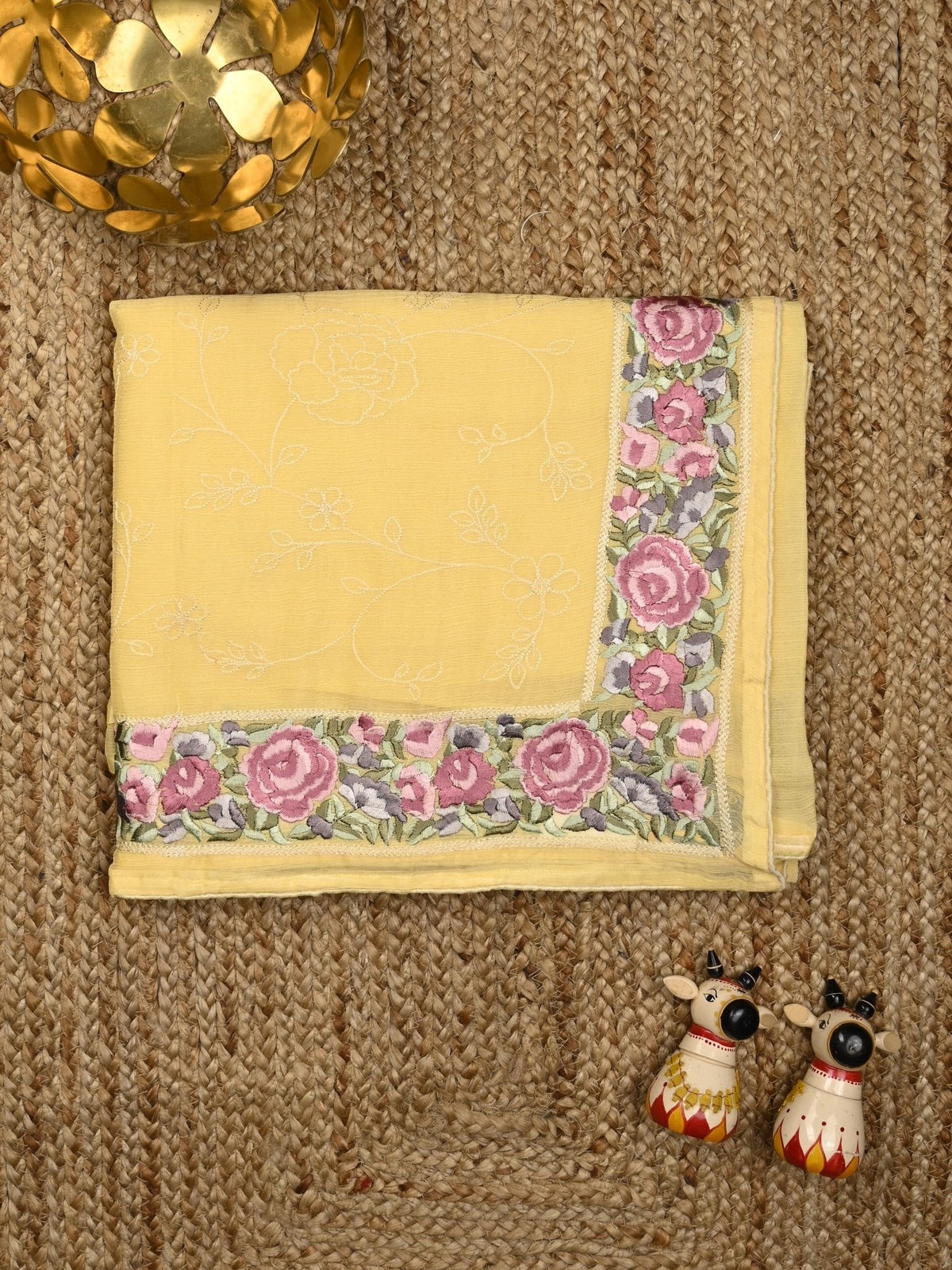 Chiffon fancy saree yellow color allover embroidery & embroidery border with running pallu and plain blouse