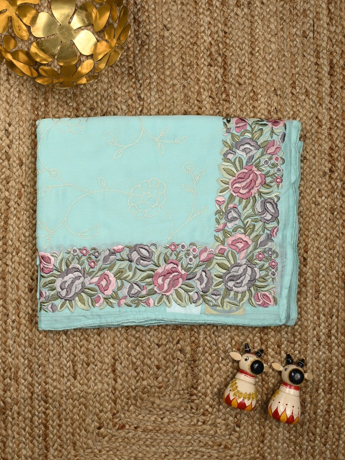 Chiffon fancy saree sky blue color allover embroidery & embroidery border with running pallu and plain blouse