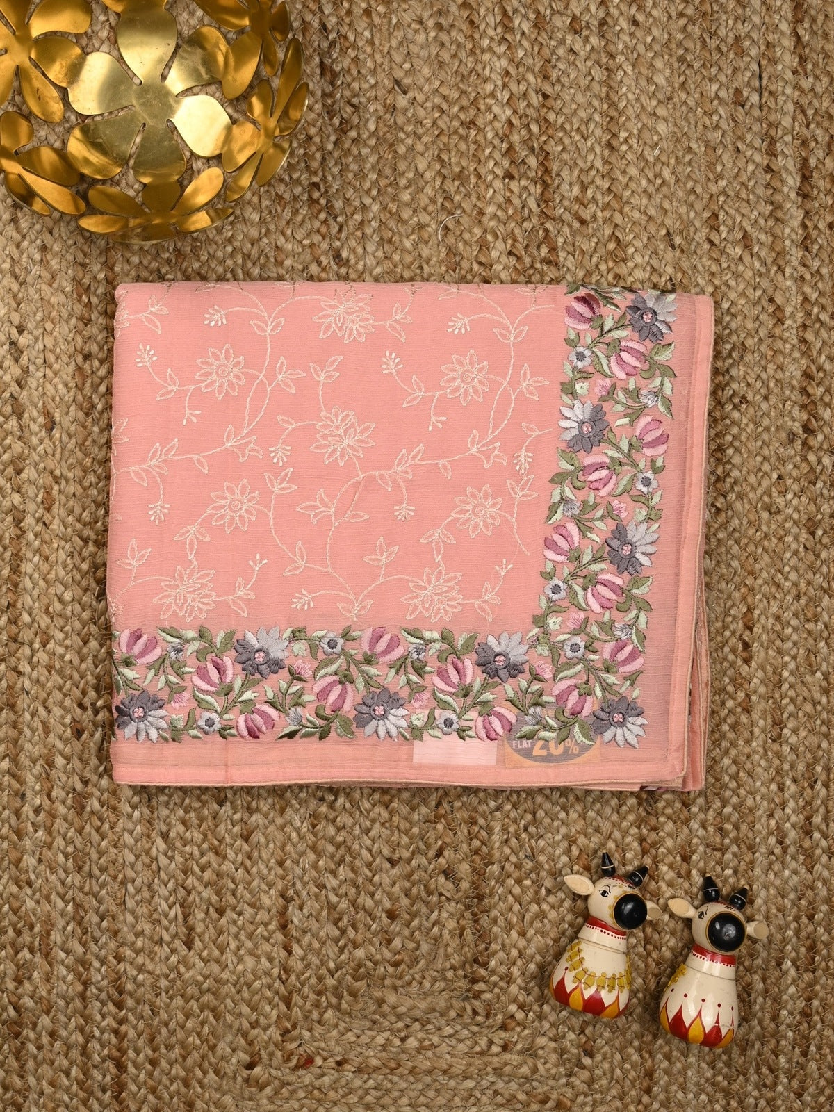 Chiffon fancy saree light pink color allover embroidery & embroidery border with running pallu and plain blouse