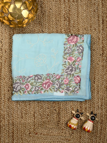 Chiffon fancy saree light blue color allover embroidery & embroidery border with running pallu and plain blouse