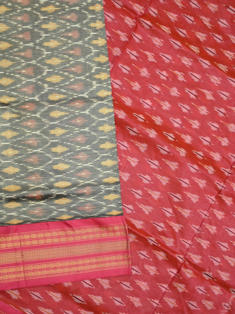 Ikkat pattu saree grey color allover weaves & zari border with contrast pallu and contrast blouse