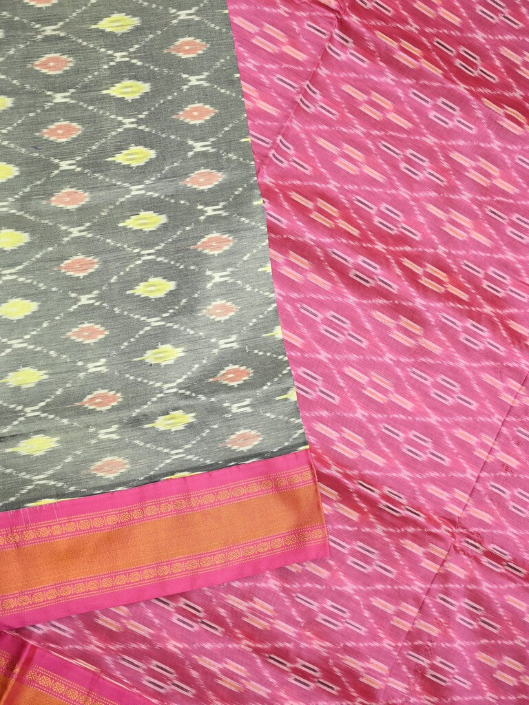 Ikkat pattu saree grey color allover weaves & zari border with contrast pallu and contrast blouse