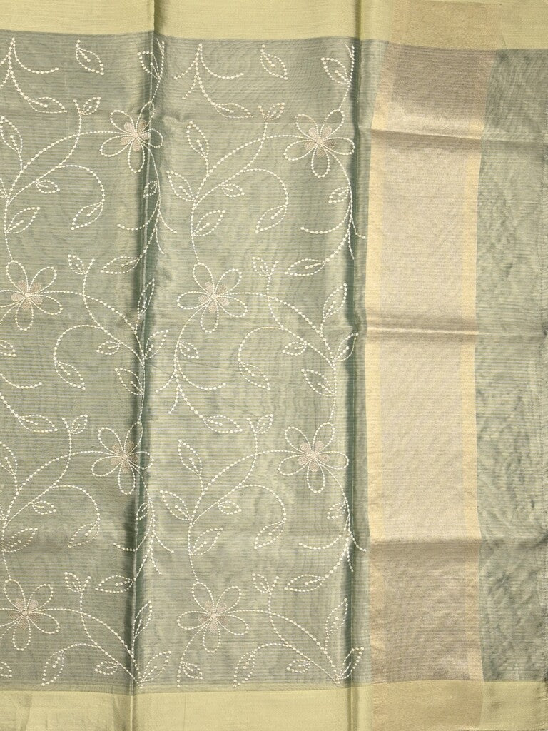 Organza tissue fancy saree grey color allover embroidery & kaddi border with short pallu and plain self blouse