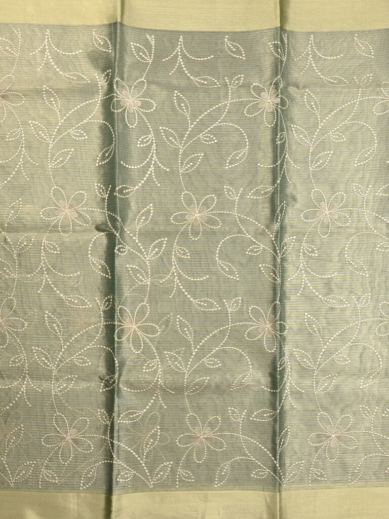 Organza tissue fancy saree grey color allover embroidery & kaddi border with short pallu and plain self blouse