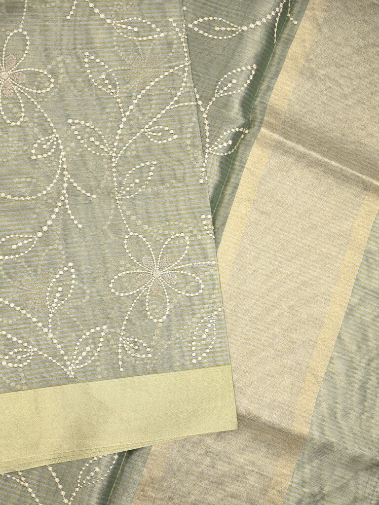 Organza tissue fancy saree grey color allover embroidery & kaddi border with short pallu and plain self blouse