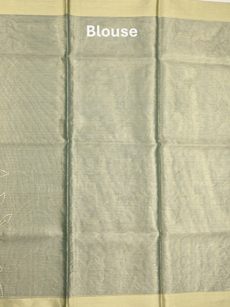 Organza tissue fancy saree grey color allover embroidery & kaddi border with short pallu and plain self blouse