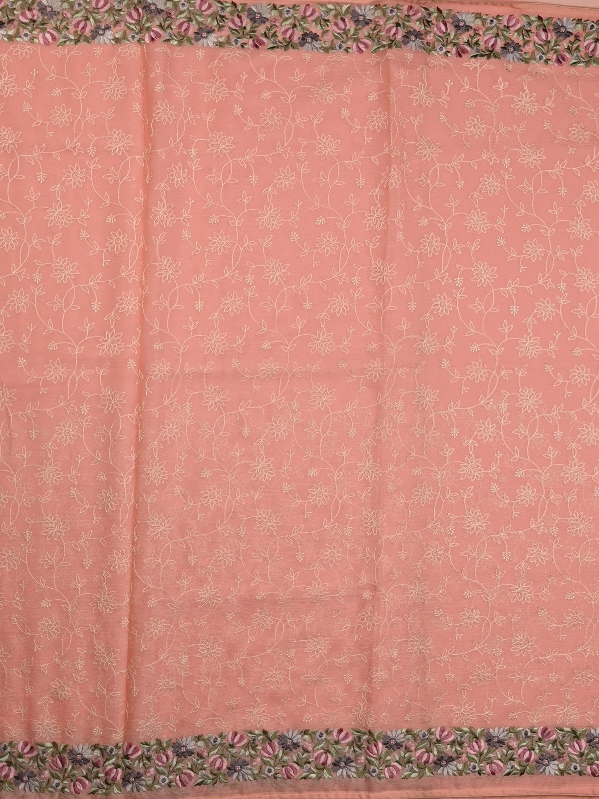 Chiffon fancy saree light pink color allover embroidery & embroidery border with running pallu and plain blouse