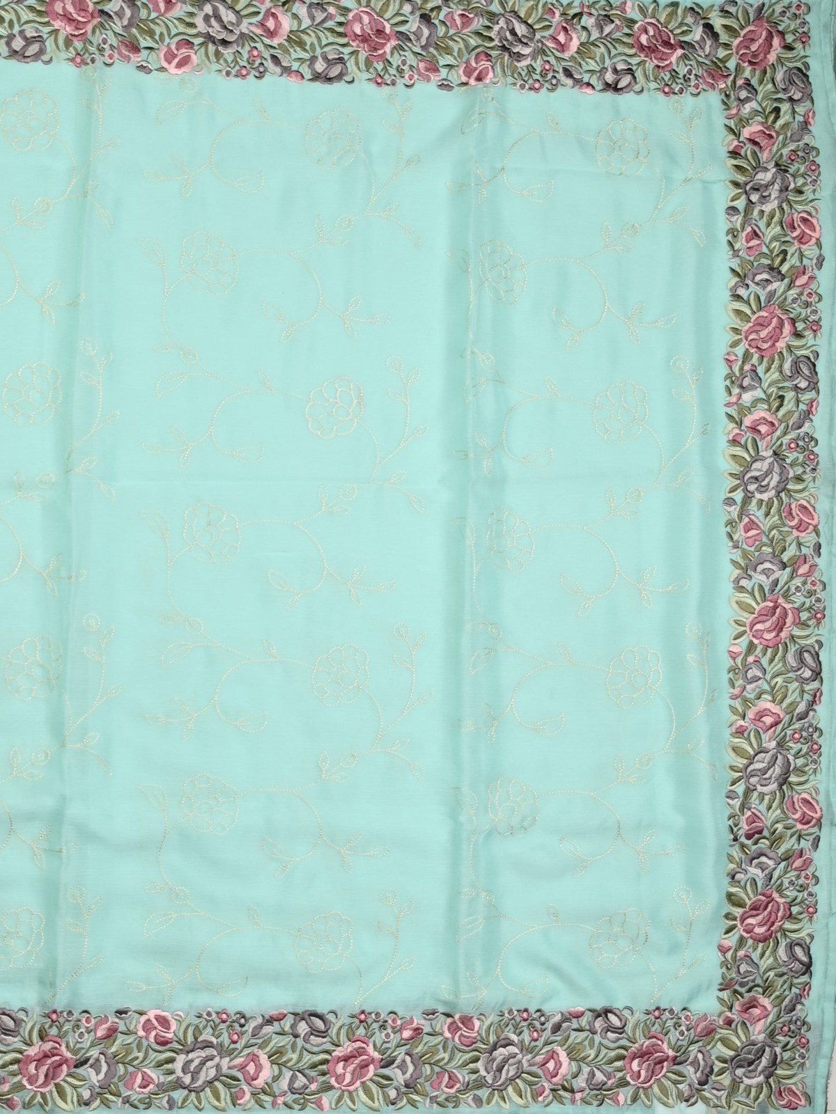 Chiffon fancy saree sky blue color allover embroidery & embroidery border with running pallu and plain blouse