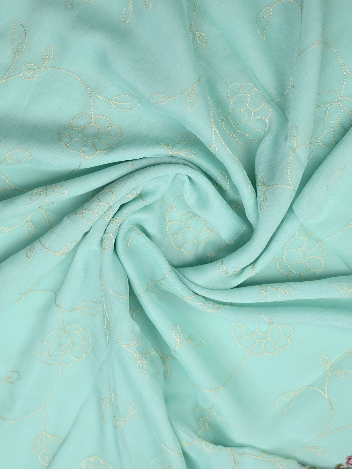 Chiffon fancy saree sky blue color allover embroidery & embroidery border with running pallu and plain blouse