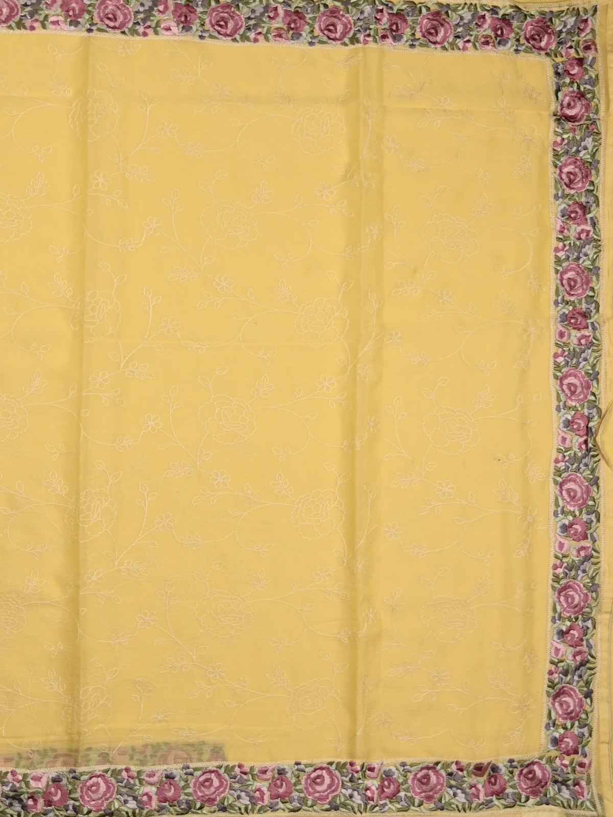 Chiffon fancy saree yellow color allover embroidery & embroidery border with running pallu and plain blouse