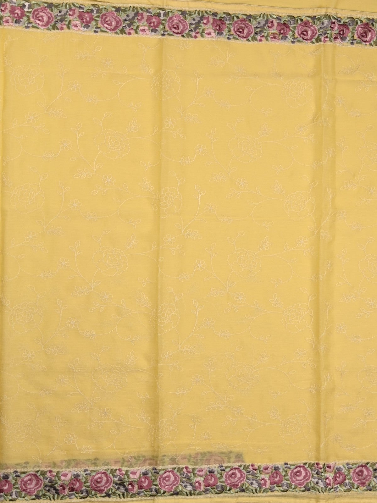 Chiffon fancy saree yellow color allover embroidery & embroidery border with running pallu and plain blouse