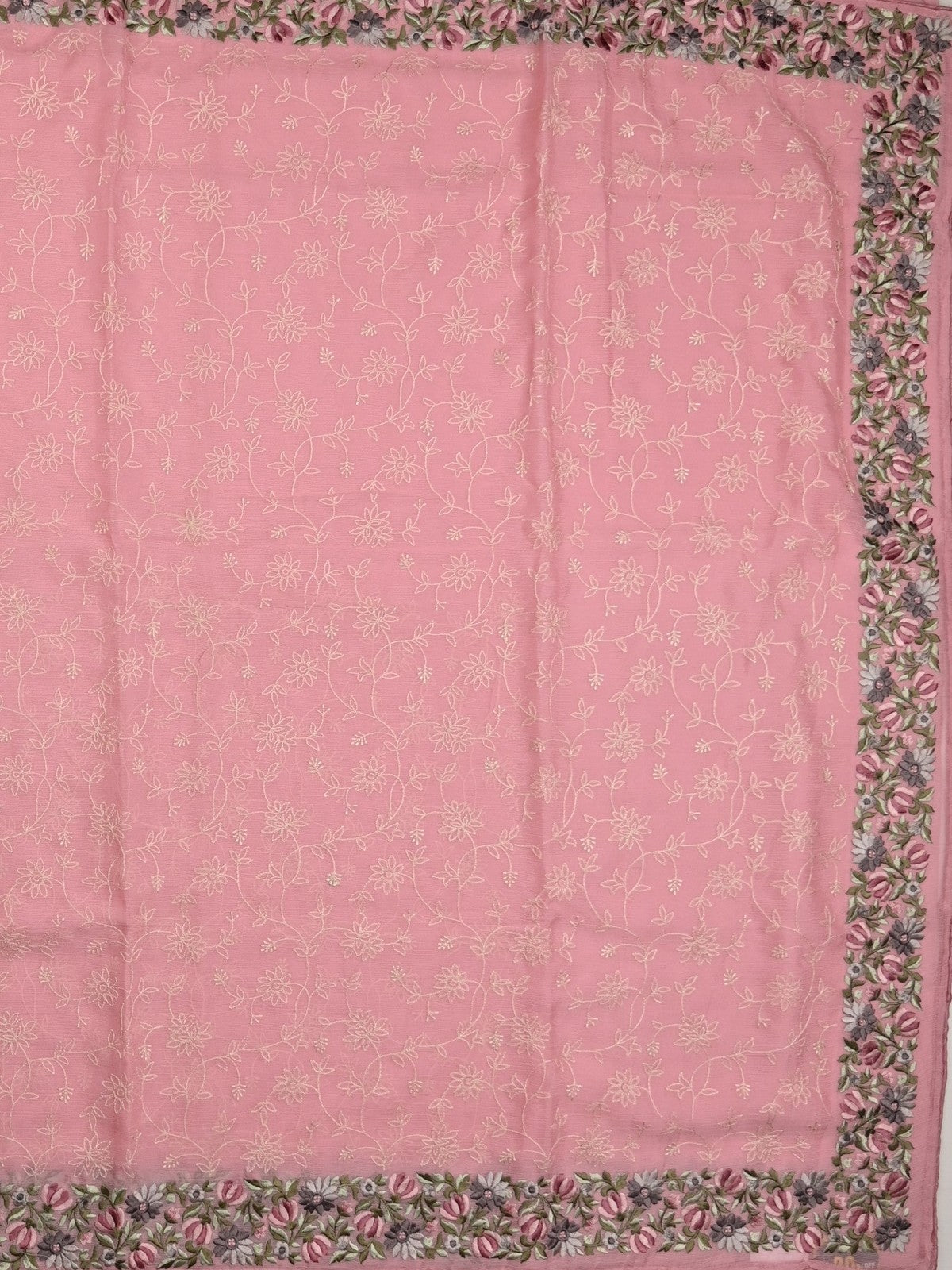 Chiffon fancy saree baby pink color allover embroidery & embroidery border with running pallu and plain blouse