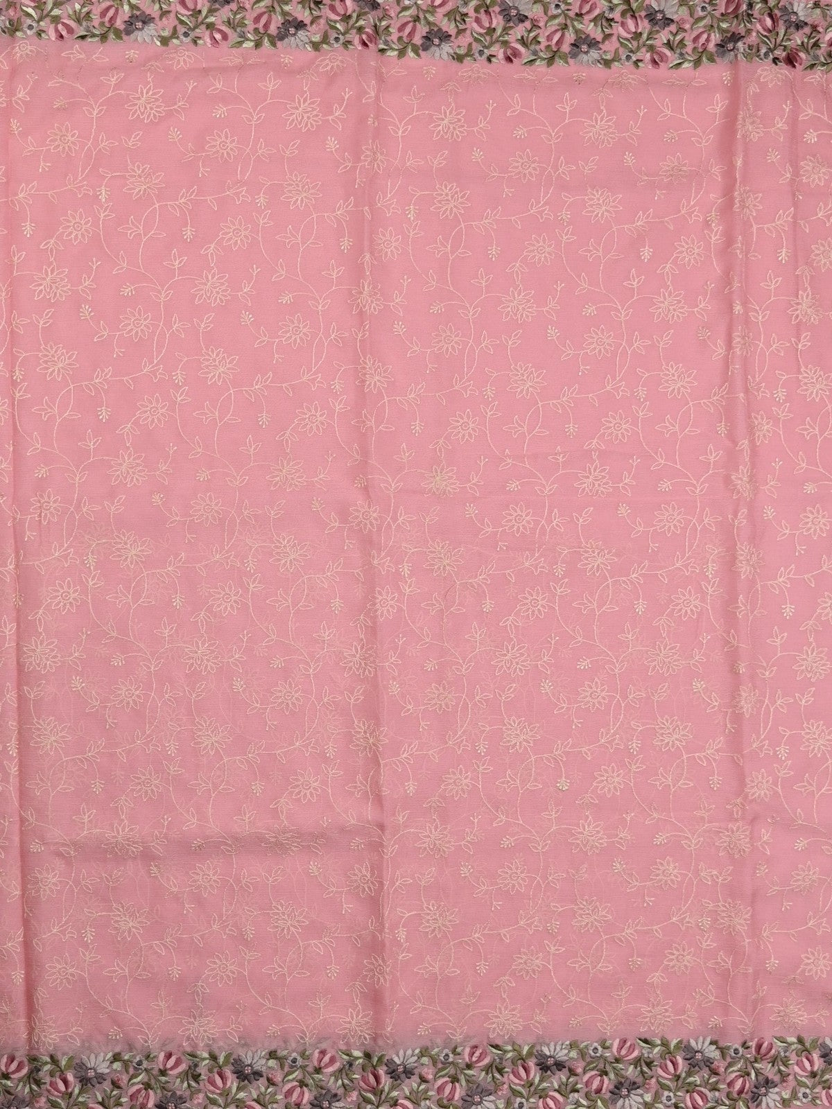 Chiffon fancy saree baby pink color allover embroidery & embroidery border with running pallu and plain blouse