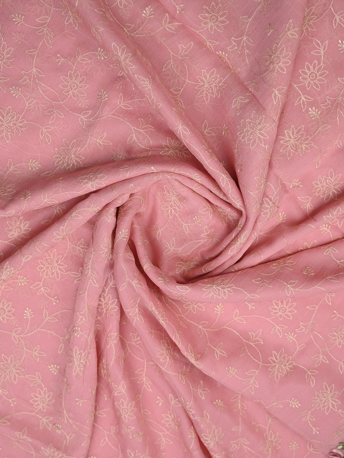 Chiffon fancy saree baby pink color allover embroidery & embroidery border with running pallu and plain blouse