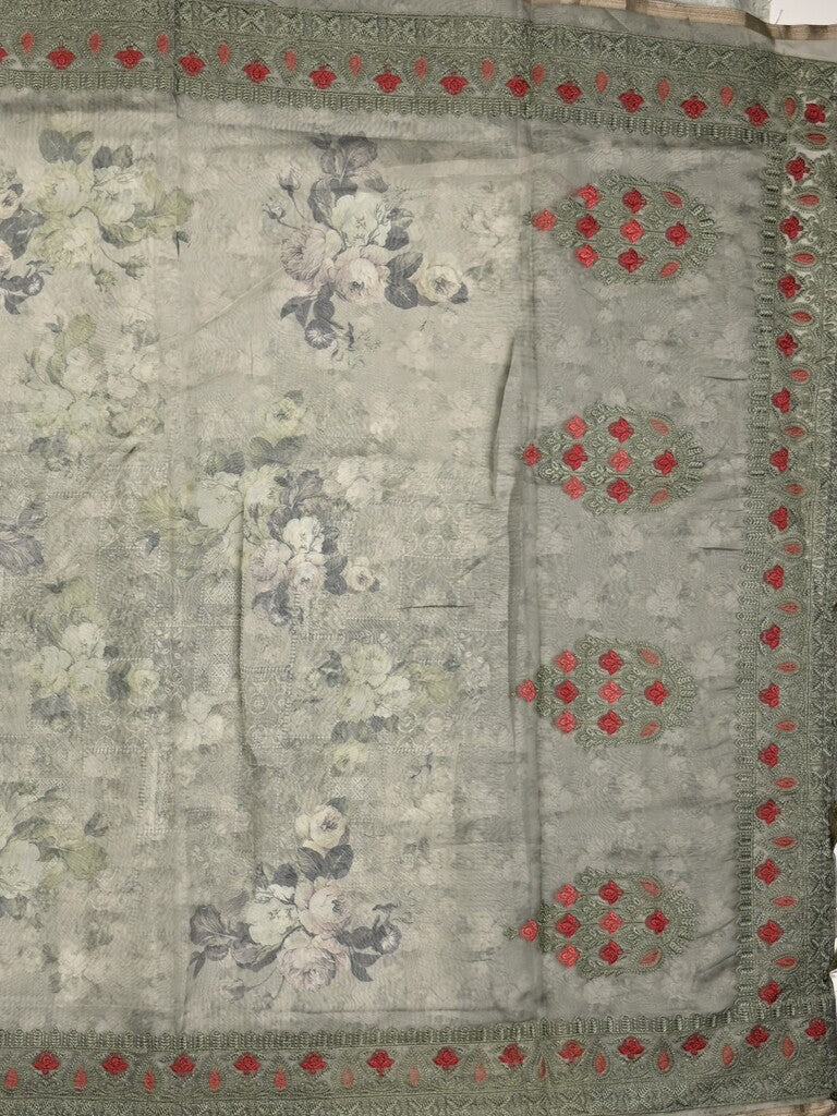 Organza fancy saree light grey color allover prints & embroidery border with running pallu and printed blouse
