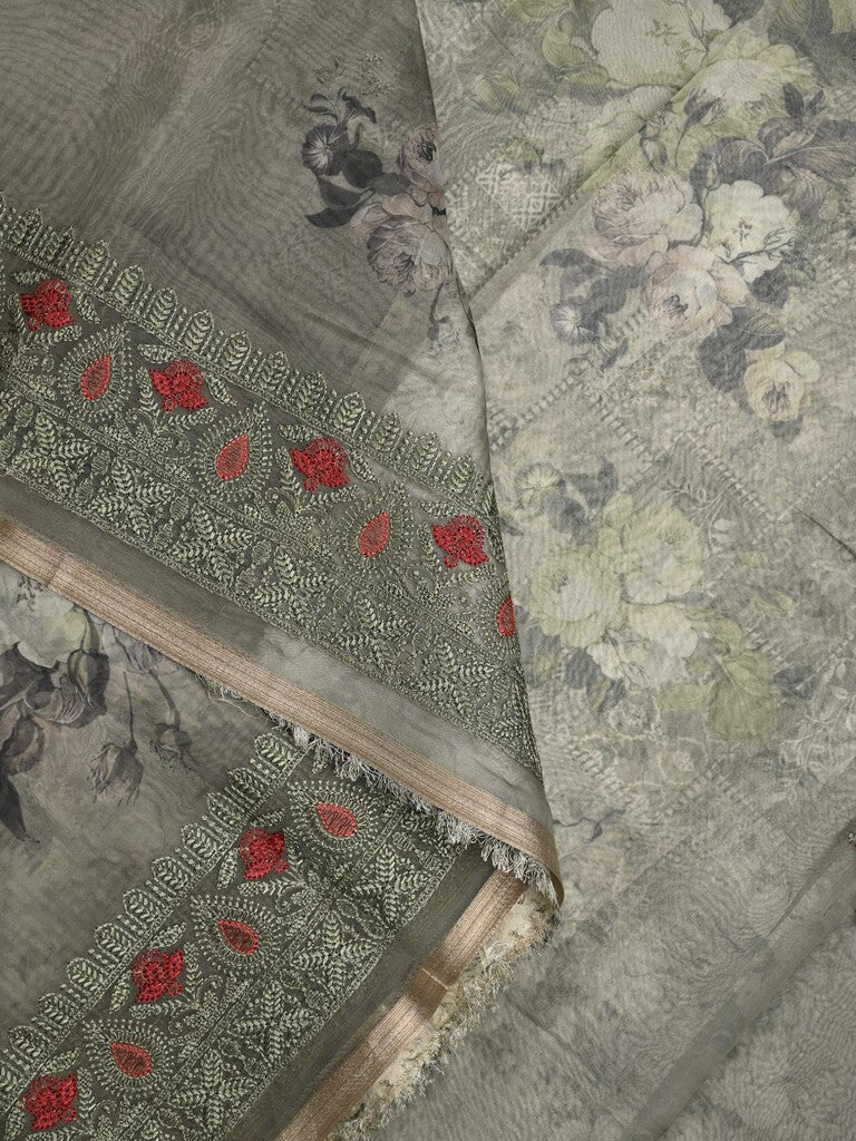 Organza fancy saree light grey color allover prints & embroidery border with running pallu and printed blouse
