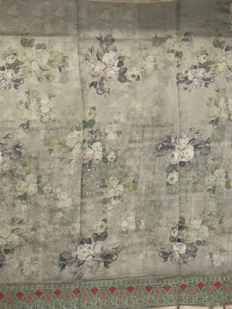 Organza fancy saree light grey color allover prints & embroidery border with running pallu and printed blouse